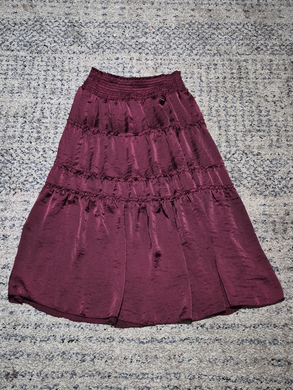 Women's Smocked Waist Burgundy Tiered Midi Skirt